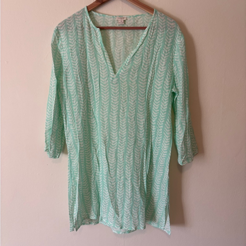 J. Crew Light Green and White Patterned Tunic Medium